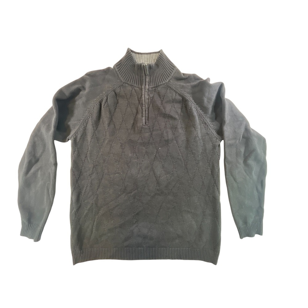 Claiborne Mens Black Quarter Zip Sweater Diamond Textured‎ Mock Neck Large